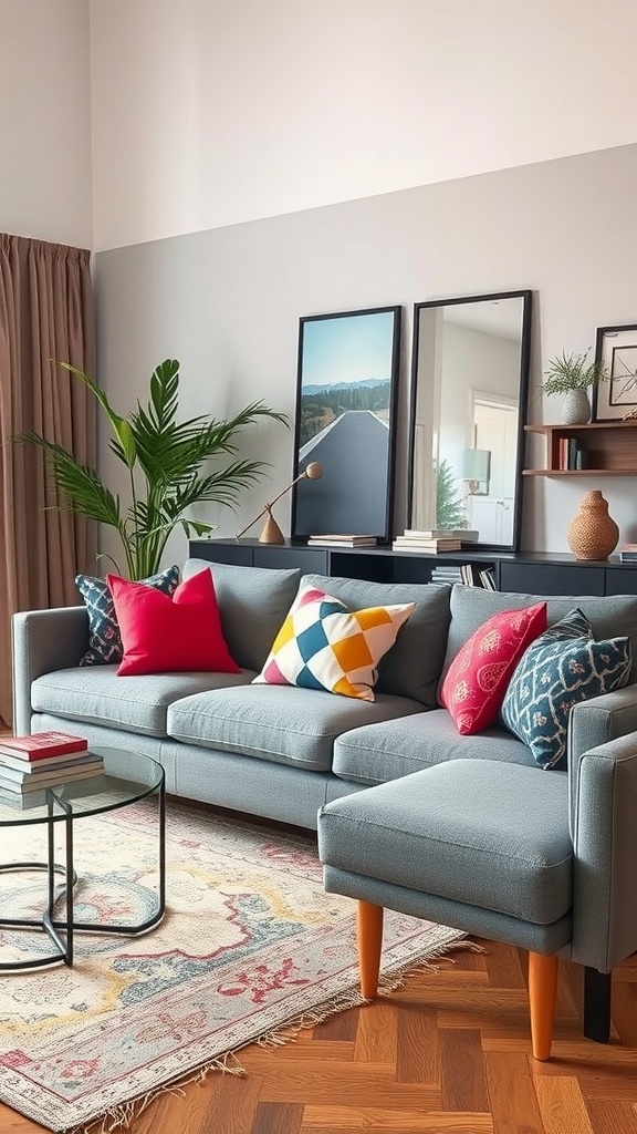 A living room featuring a grey couch with colorful accent pillows, a glass coffee table, and a warm wooden floor.