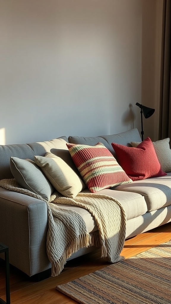 A grey couch with various cushions and a woven blanket, creating a cozy living room ambiance.