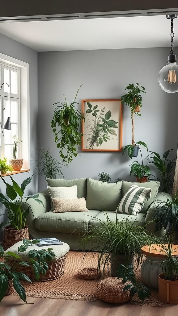 Cozy living room with green sofa, plants, and grey walls