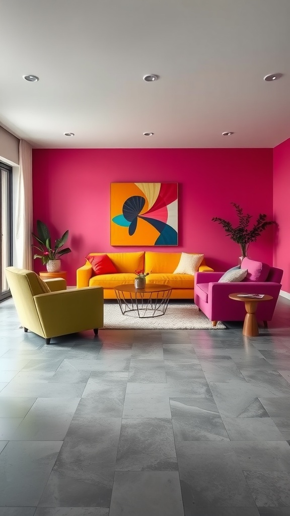 A living room featuring grey floor tiles, with colorful accents including a yellow sofa and pink chairs, alongside vibrant wall art