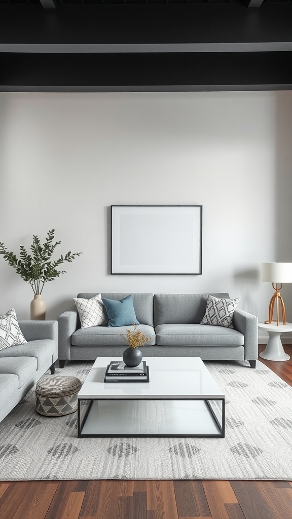 A chic grey and white living room with modern furniture and accents.