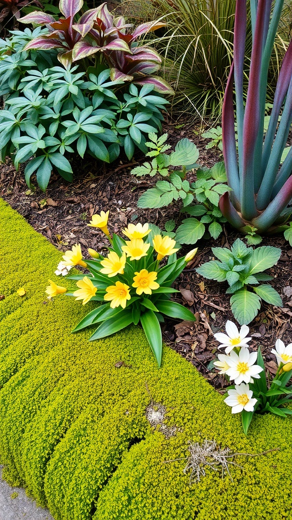 A flower bed bordered by lush green moss, with yellow and white flowers in bloom.